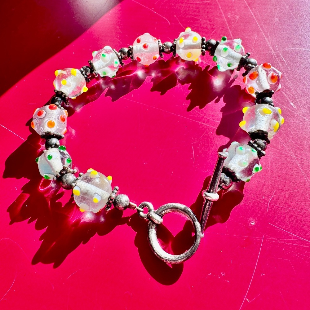 Artisan Lampwork Glass & Silver Beaded Bracelet Toggle Clasp